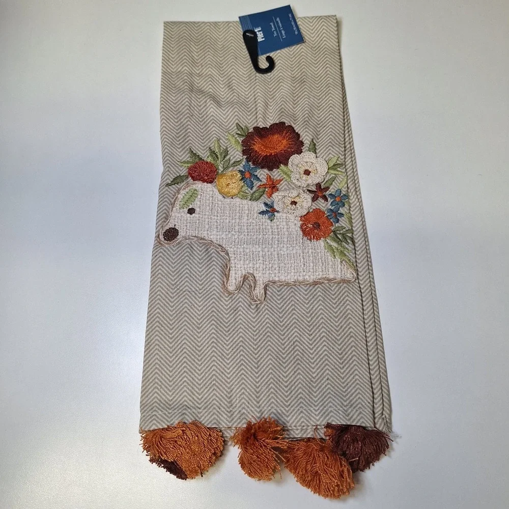 Pier 1 Imports Tea Towel Embroidered Hedgehog Floral Rustic Kitchen‎ Decor
